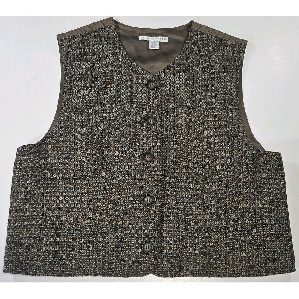 VTG The Limited Women's Tweed Vest Brown Button Front Waistcoat Lined Large Wool